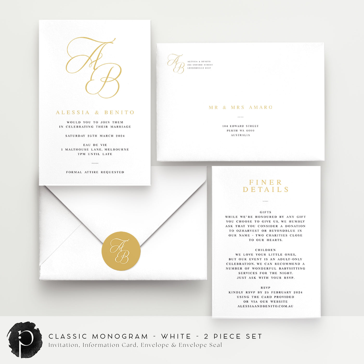 Classic Monogram - Wedding Invitation & Information/Details Card Set