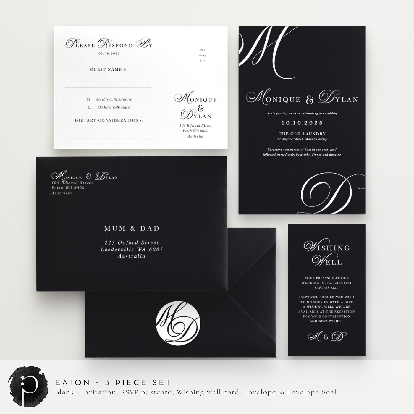 Eaton - Wedding Invitation, RSVP Card & Gift/Wishing Well Card Set