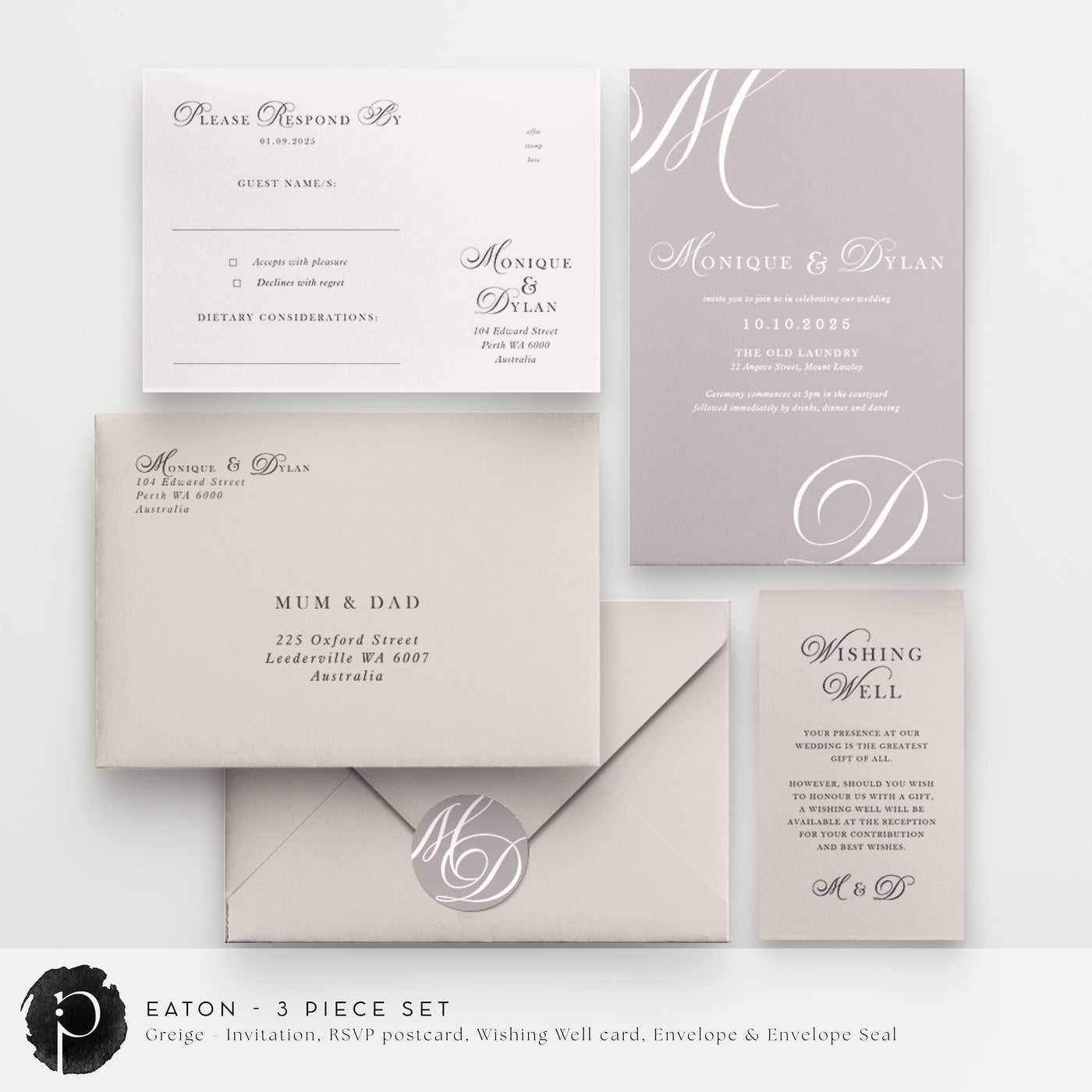 Eaton - Wedding Invitation, RSVP Card & Gift/Wishing Well Card Set