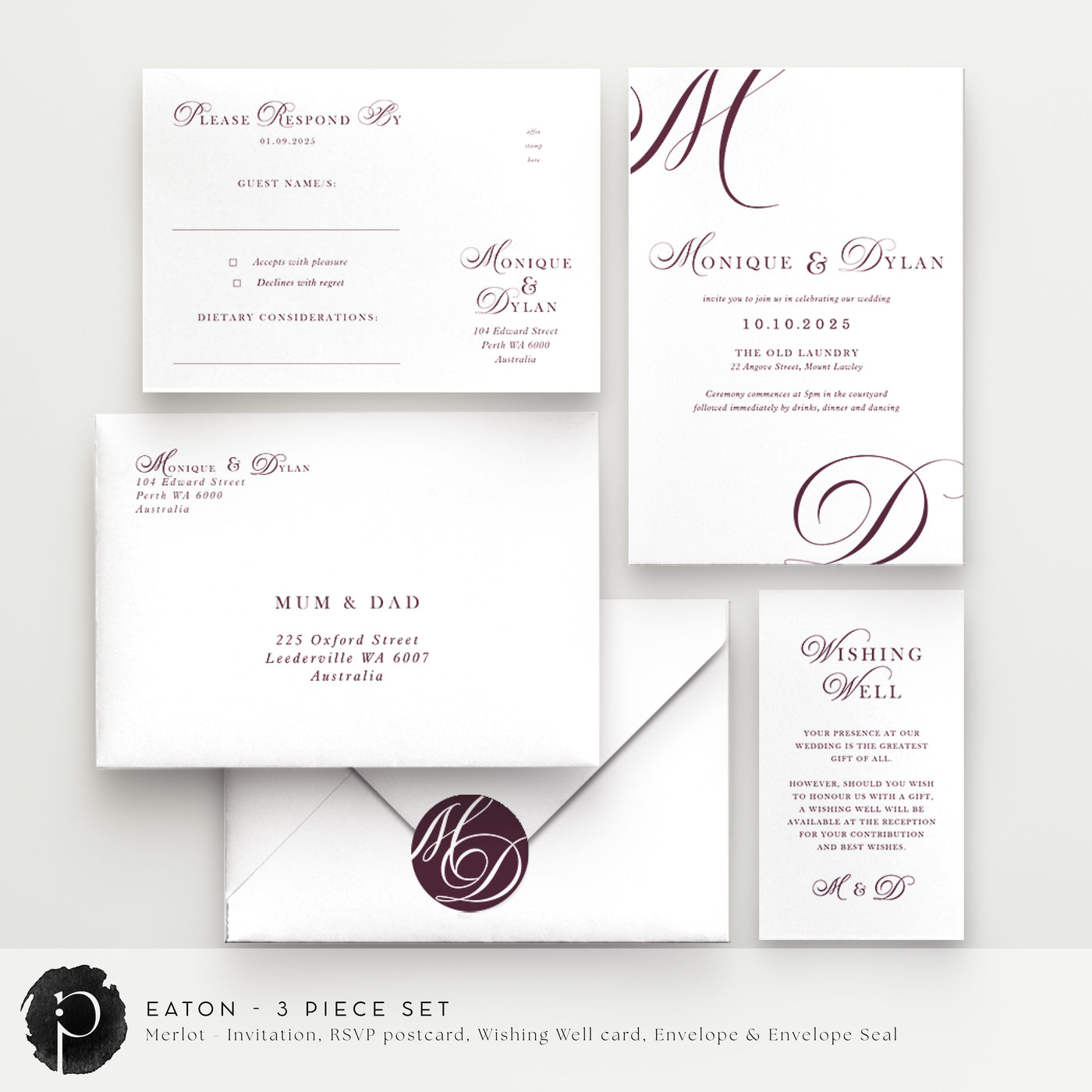 Eaton - Wedding Invitation, RSVP Card & Gift/Wishing Well Card Set