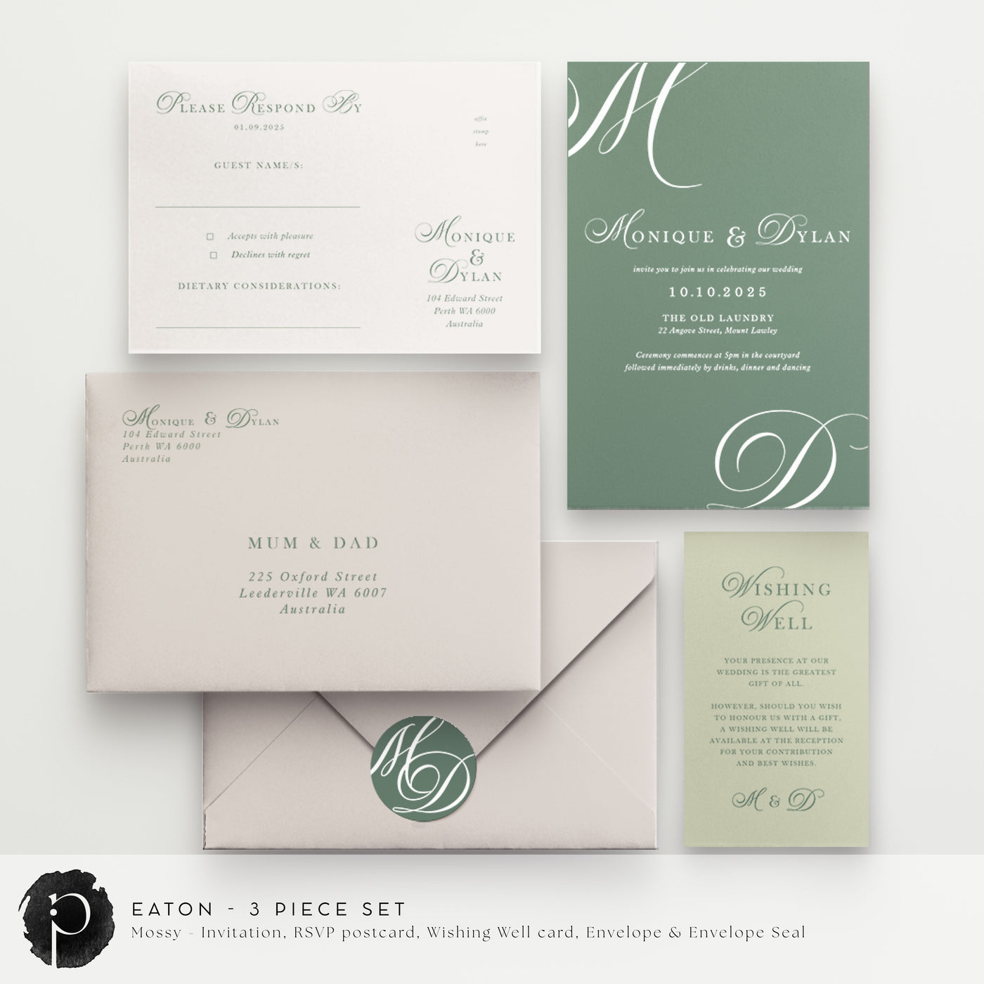 Eaton - Wedding Invitation, RSVP Card & Gift/Wishing Well Card Set