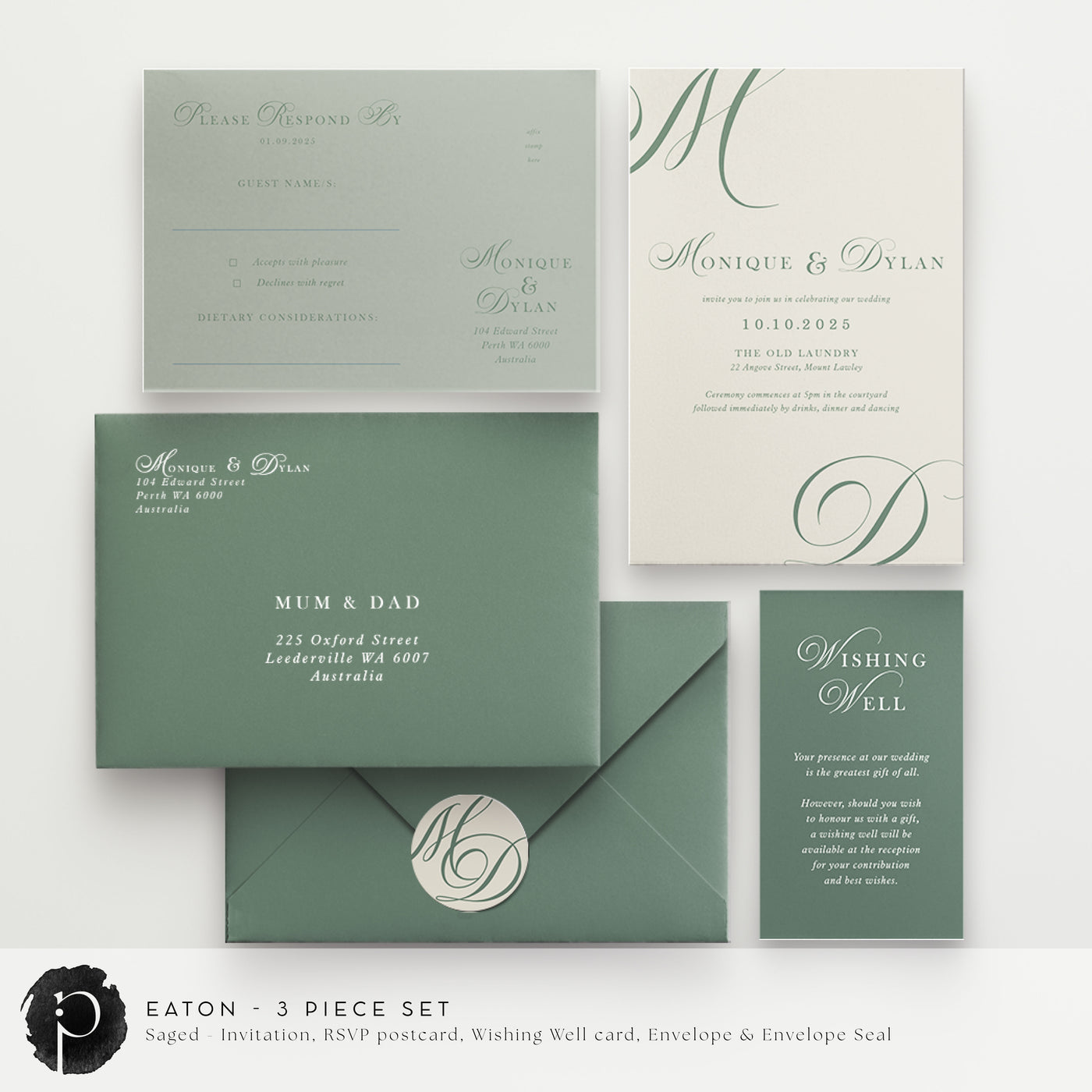 Eaton - Wedding Invitation, RSVP Card & Gift/Wishing Well Card Set