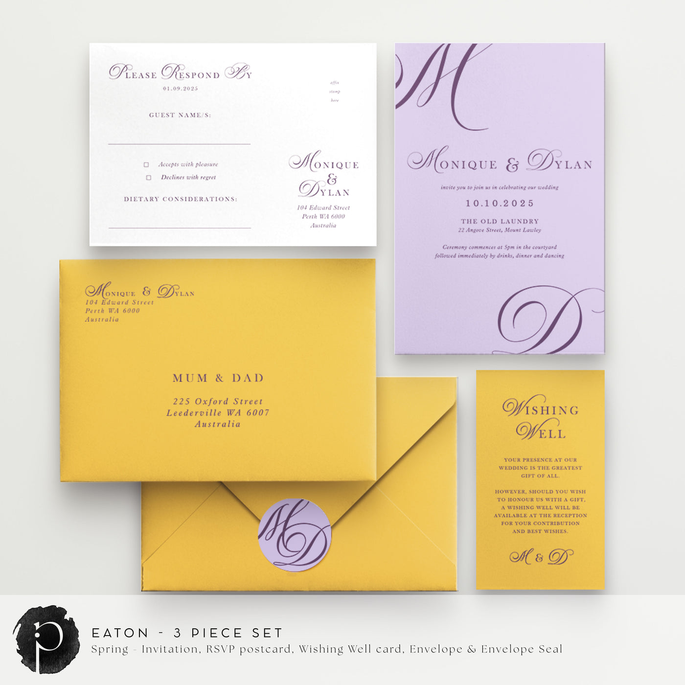 Eaton - Wedding Invitation, RSVP Card & Gift/Wishing Well Card Set