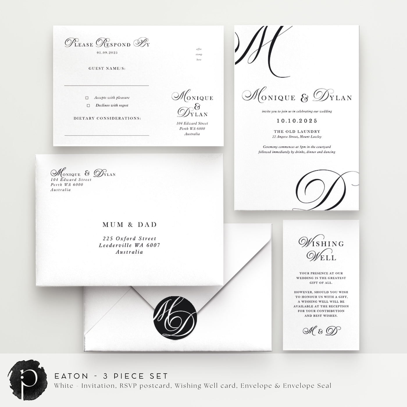 Eaton - Wedding Invitation, RSVP Card & Gift/Wishing Well Card Set