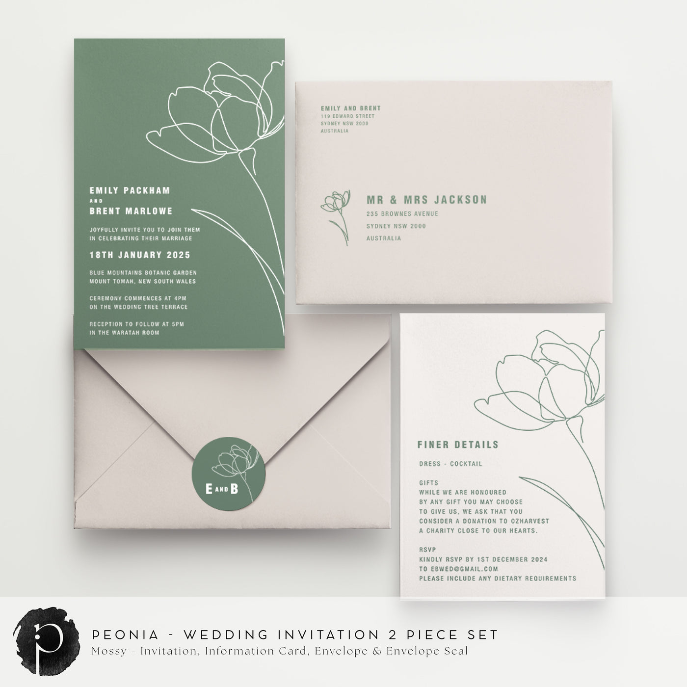 Peonia - Wedding Invitation & Information/Details Card Set