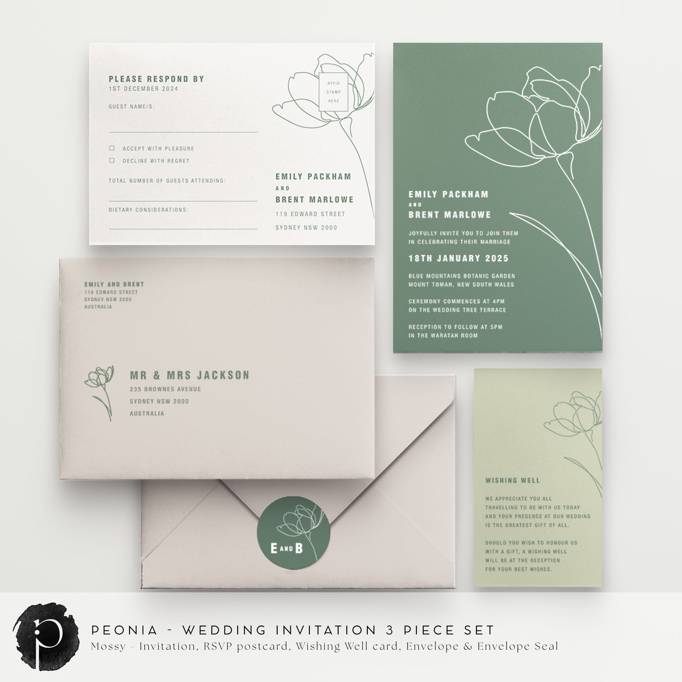 Peonia - Wedding Invitation, RSVP Card & Gift/Wishing Well Card Set