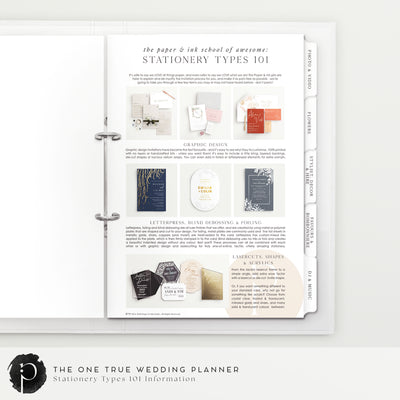 An example image of a wedding stationery information page in the wedding planner and organiser made by Paper and Ink Studio, showing different types of printing and invitation materials like acrylic invitations and foiled invitations.