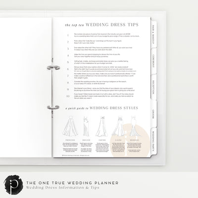 An example image of wedding dress tips and wedding dress style information pages that can be found in the wedding planner and organiser made by Paper and Ink Studio
