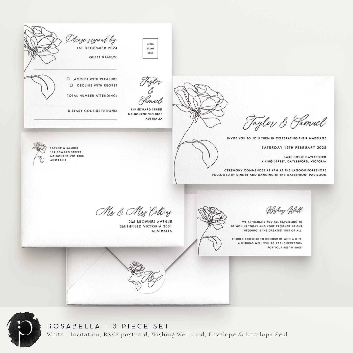 Rosabella - Wedding Invitation, RSVP Card & Gift/Wishing Well Card Set
