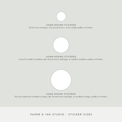 An example of round sticker sizes that you can purchase from Paper and Ink Studio