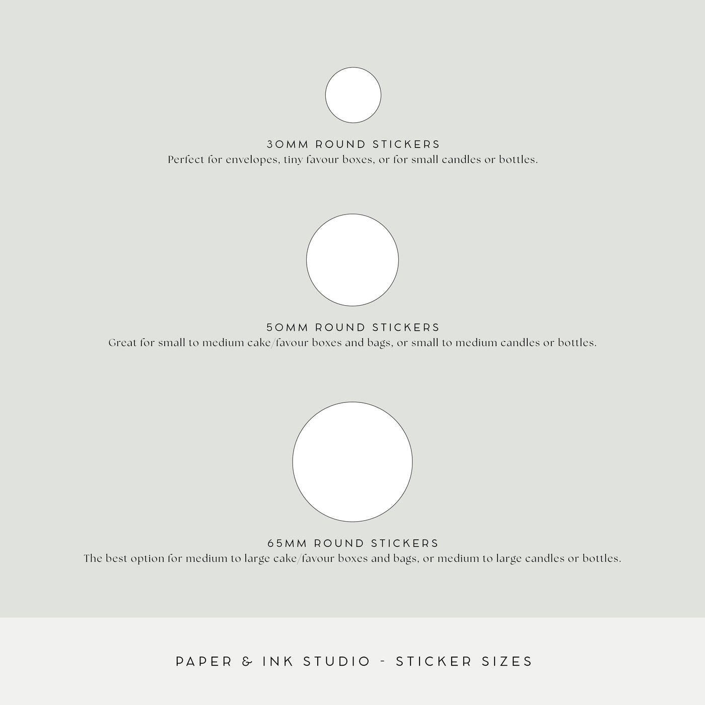 An example of round sticker sizes that you can purchase from Paper and Ink Studio