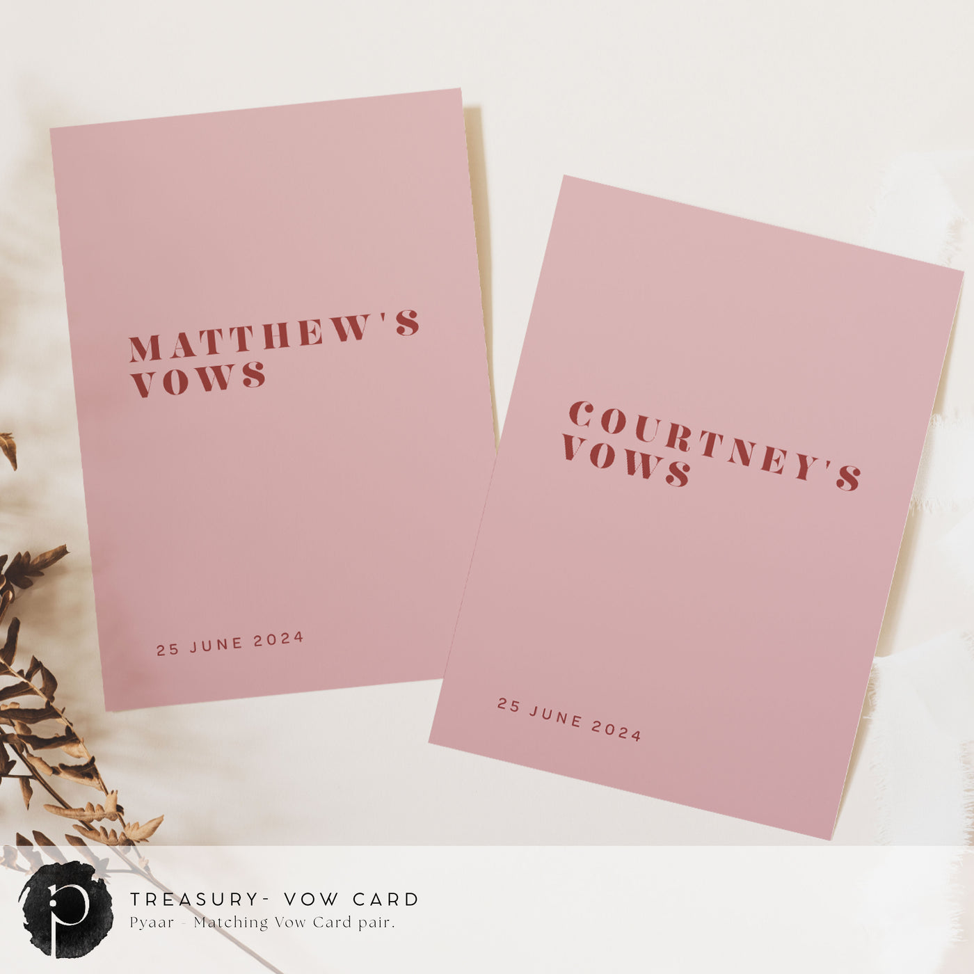 A pair of vow cards to write your wedding vows on in a formal modern wedding theme with burgundy writing on a dark rose pink background