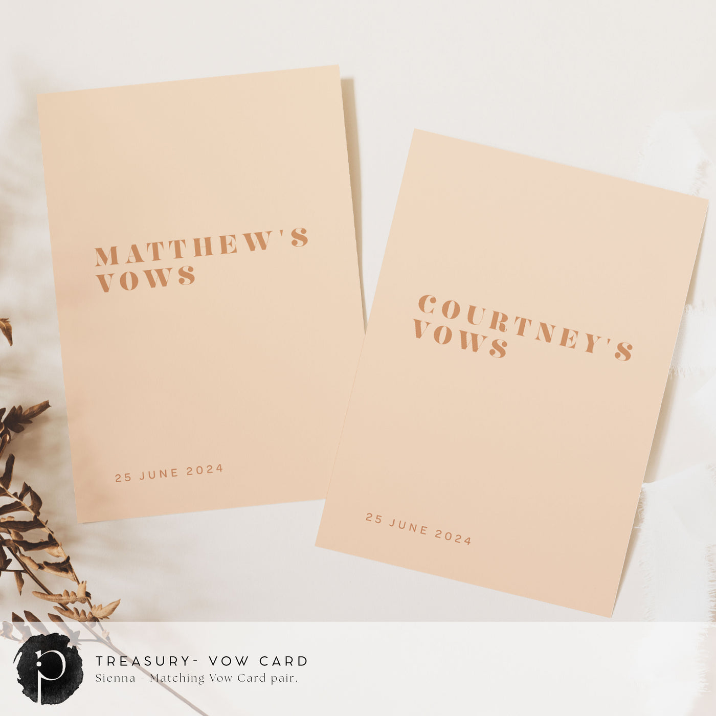 A pair of vow cards to write your wedding vows on in a formal modern wedding theme with light terracotta writing on a soft peach background
