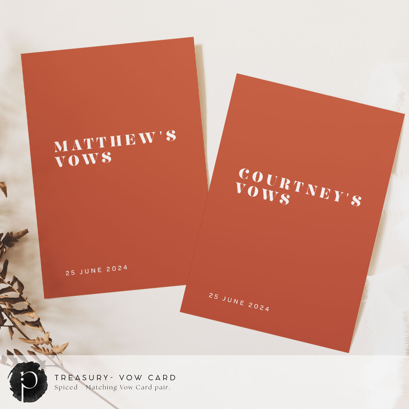 A pair of vow cards to write your wedding vows on in a formal modern wedding theme with white writing on a dark terracotta or burnt orange or clay background