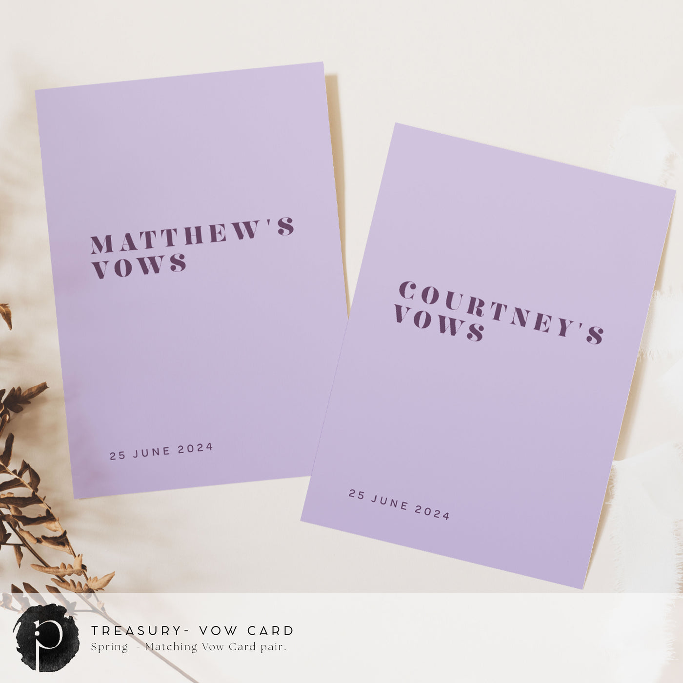 A pair of vow cards to write your wedding vows on in a formal modern wedding theme with dark purple writing on a light purple background