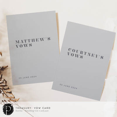 A pair of vow cards to write your wedding vows on in a formal modern wedding theme with dark grey writing on a light grey background