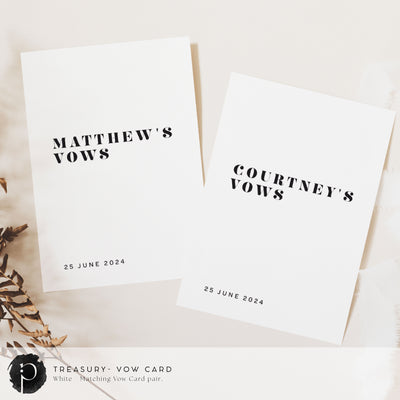 A pair of vow cards to write your wedding vows on in a formal modern wedding theme with black writing on white background