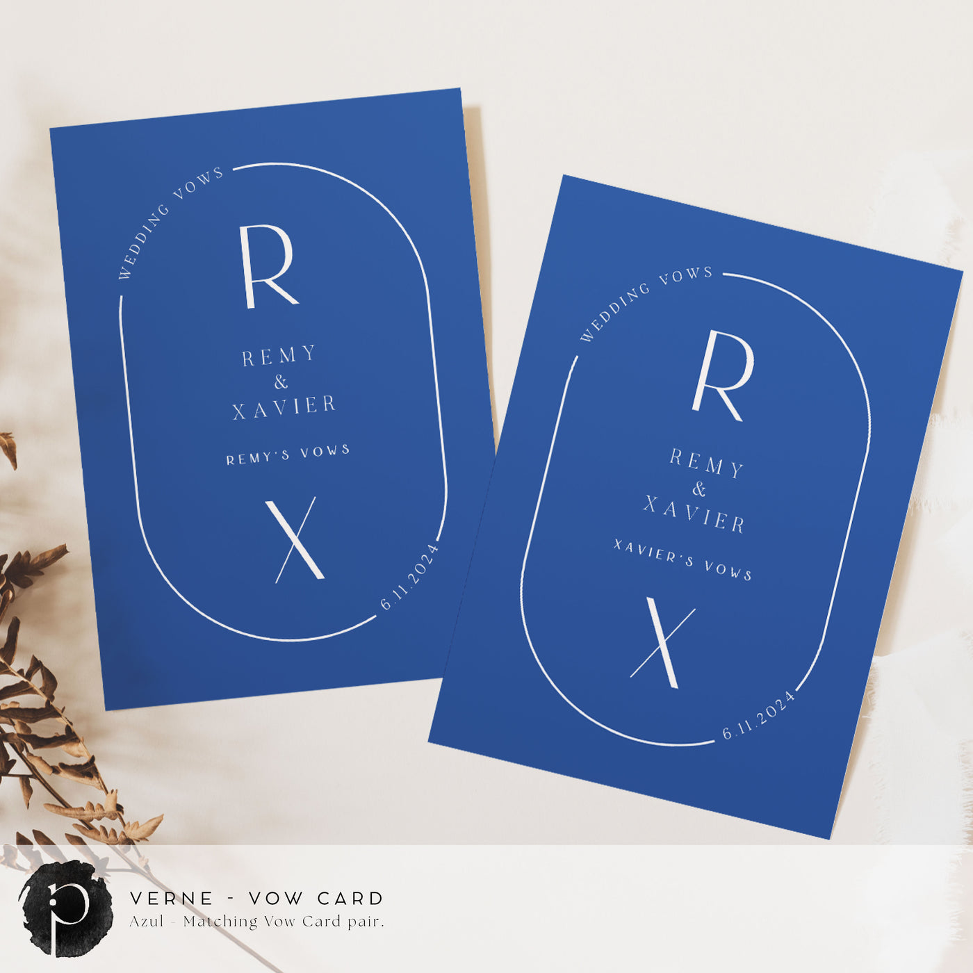 A pair of vow cards to write your wedding vows on in a modern midcentury wedding theme with white writing on an indigo blue or cobalt blue background