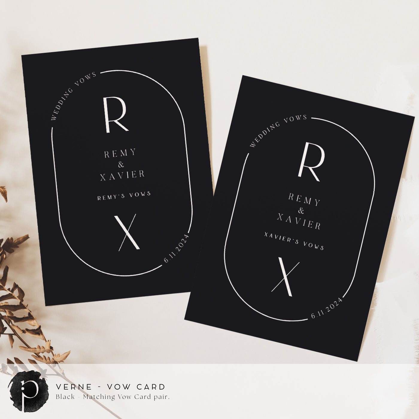 A pair of vow cards to write your wedding vows on in a modern midcentury wedding theme with white writing on a black background