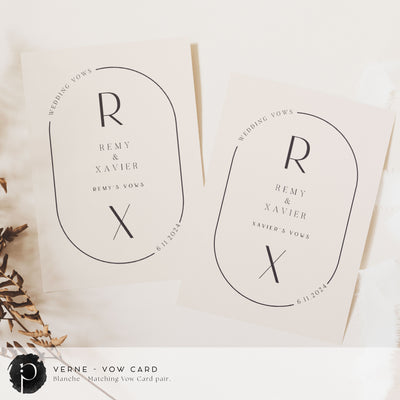 A pair of vow cards to write your wedding vows on in a modern midcentury wedding theme with charcoal writing on a neutral nude taupe background