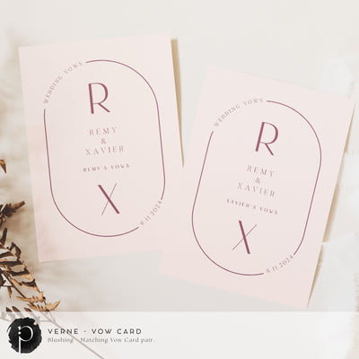 A pair of vow cards to write your wedding vows on in a modern midcentury wedding theme with dark rose pink writing on a nude pink background