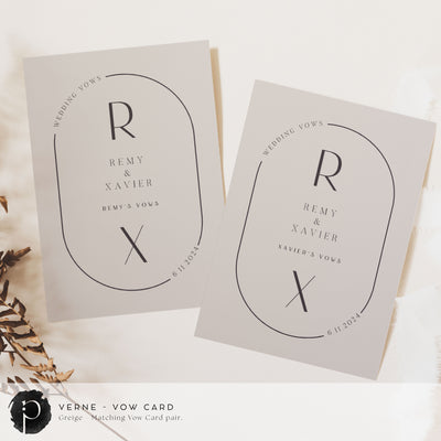 A pair of vow cards to write your wedding vows on in a modern midcentury wedding theme with dark warm grey writing on a light warm grey or greige or grey beige background