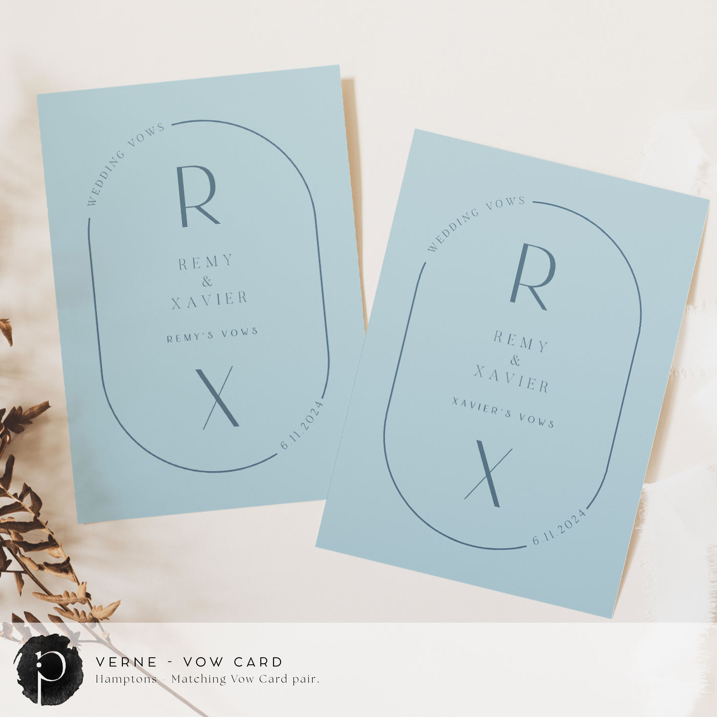 A pair of vow cards to write your wedding vows on in a modern midcentury wedding theme with ocean blue writing on duck egg blue or dusty blue background