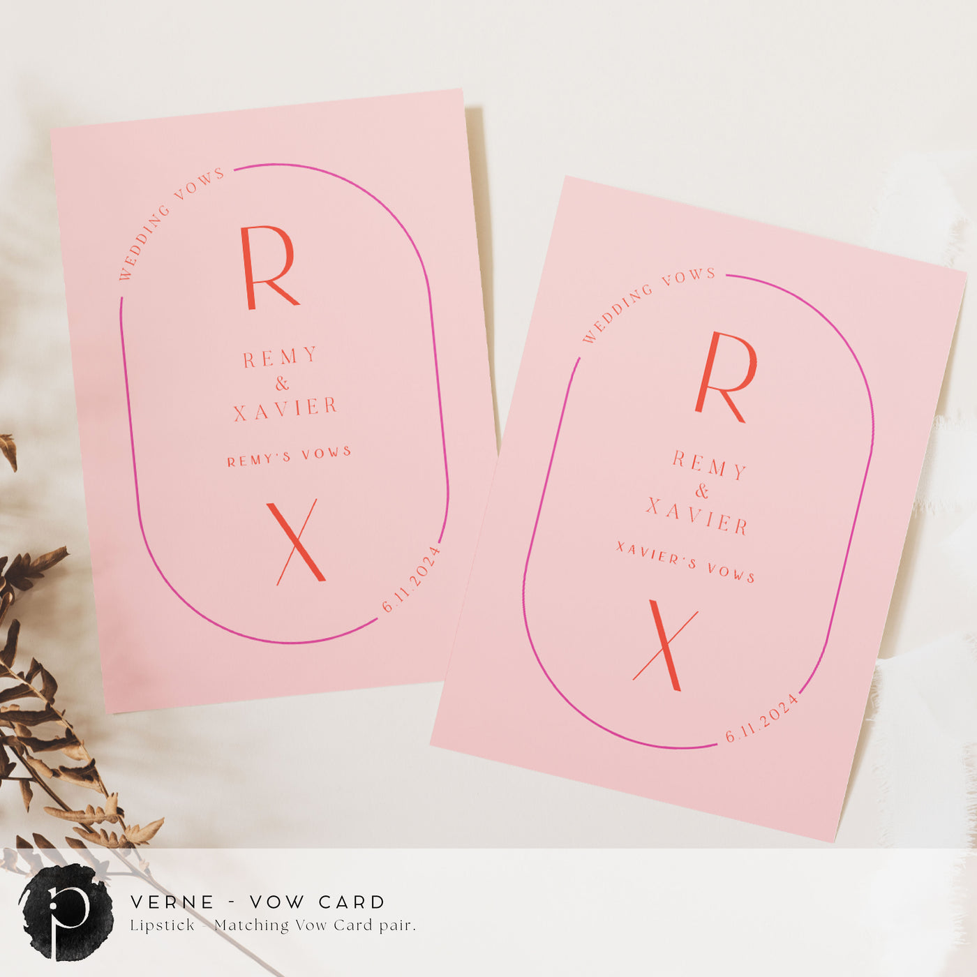 A pair of vow cards to write your wedding vows on in a modern midcentury wedding theme with rosy pink background and fuschia and bright red writing