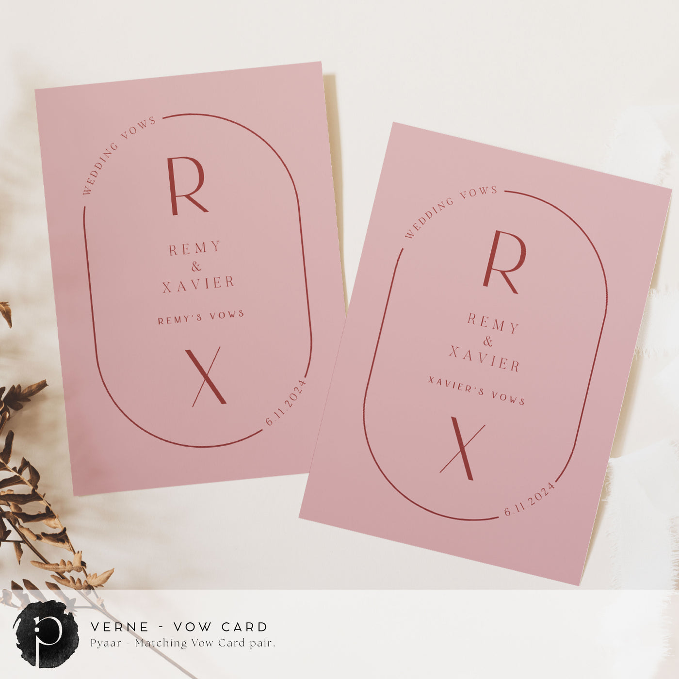 A pair of vow cards to write your wedding vows on in a modern midcentury wedding theme with burgundy writing on a dark rose pink background