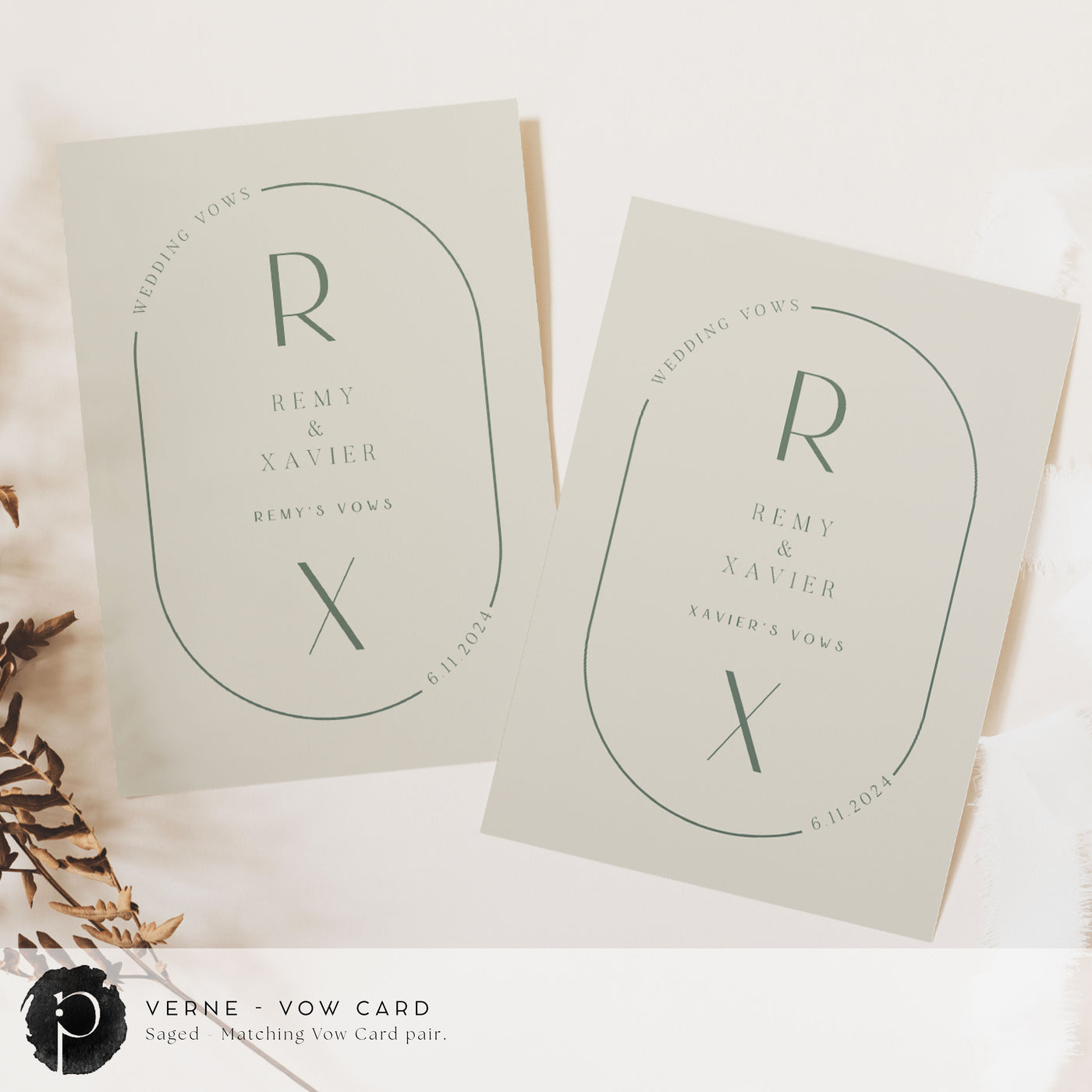A pair of vow cards to write your wedding vows on in a modern midcentury wedding theme with dark sage green writing on a sage green background