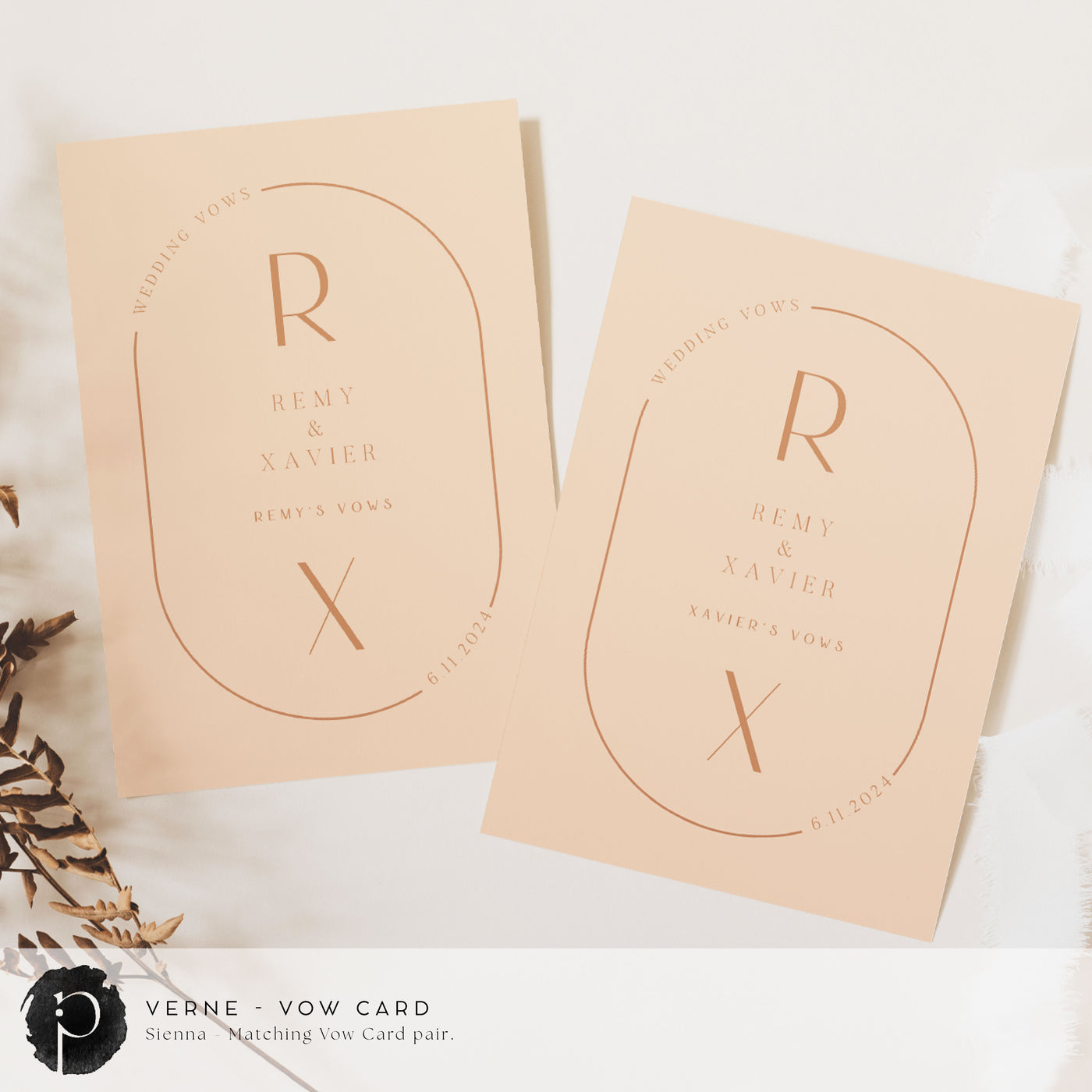 A pair of vow cards to write your wedding vows on in a modern midcentury wedding theme with light terracotta text on a soft peach background