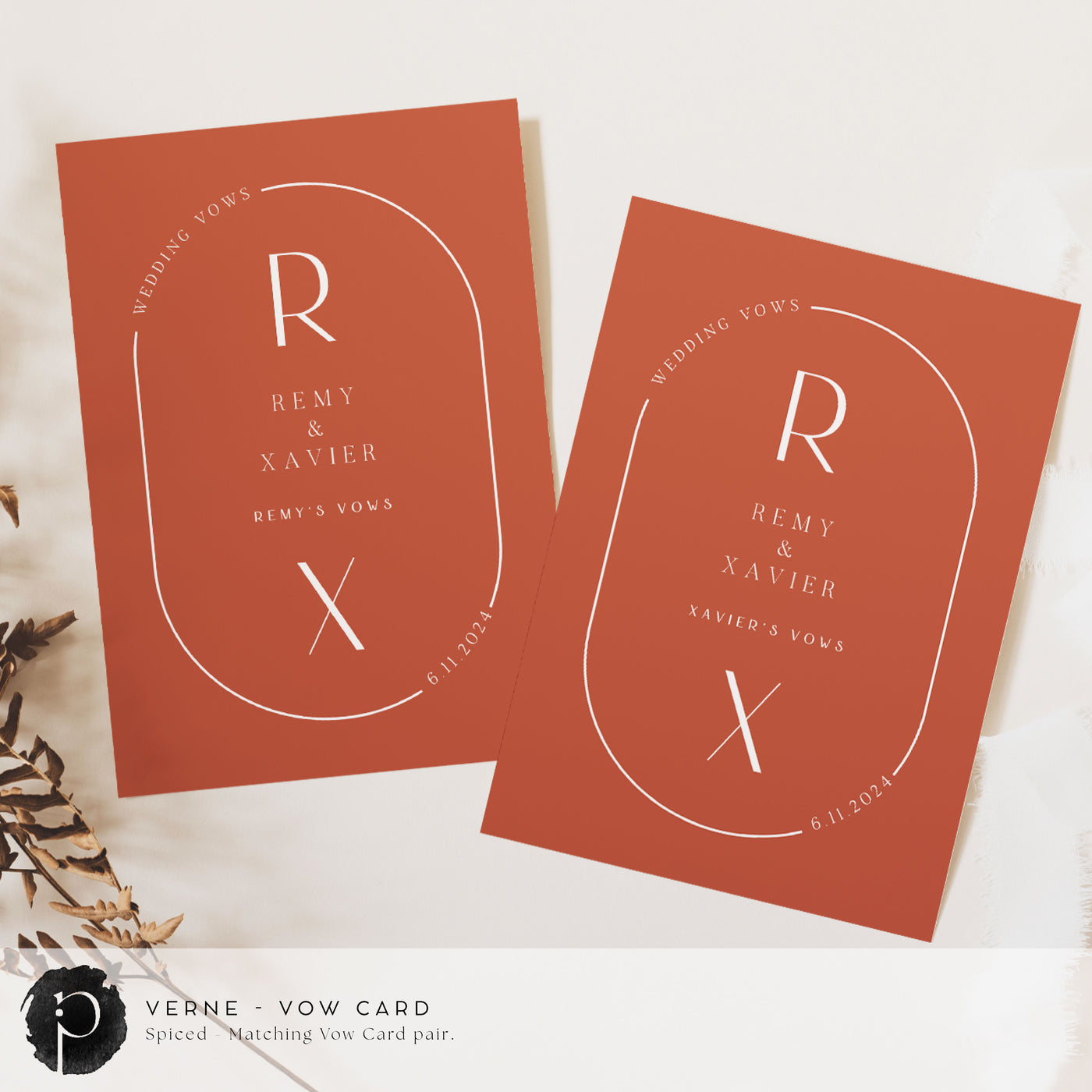 A pair of vow cards to write your wedding vows on in a modern midcentury wedding theme with white writing on a dark terracotta or clay or burnt orange background