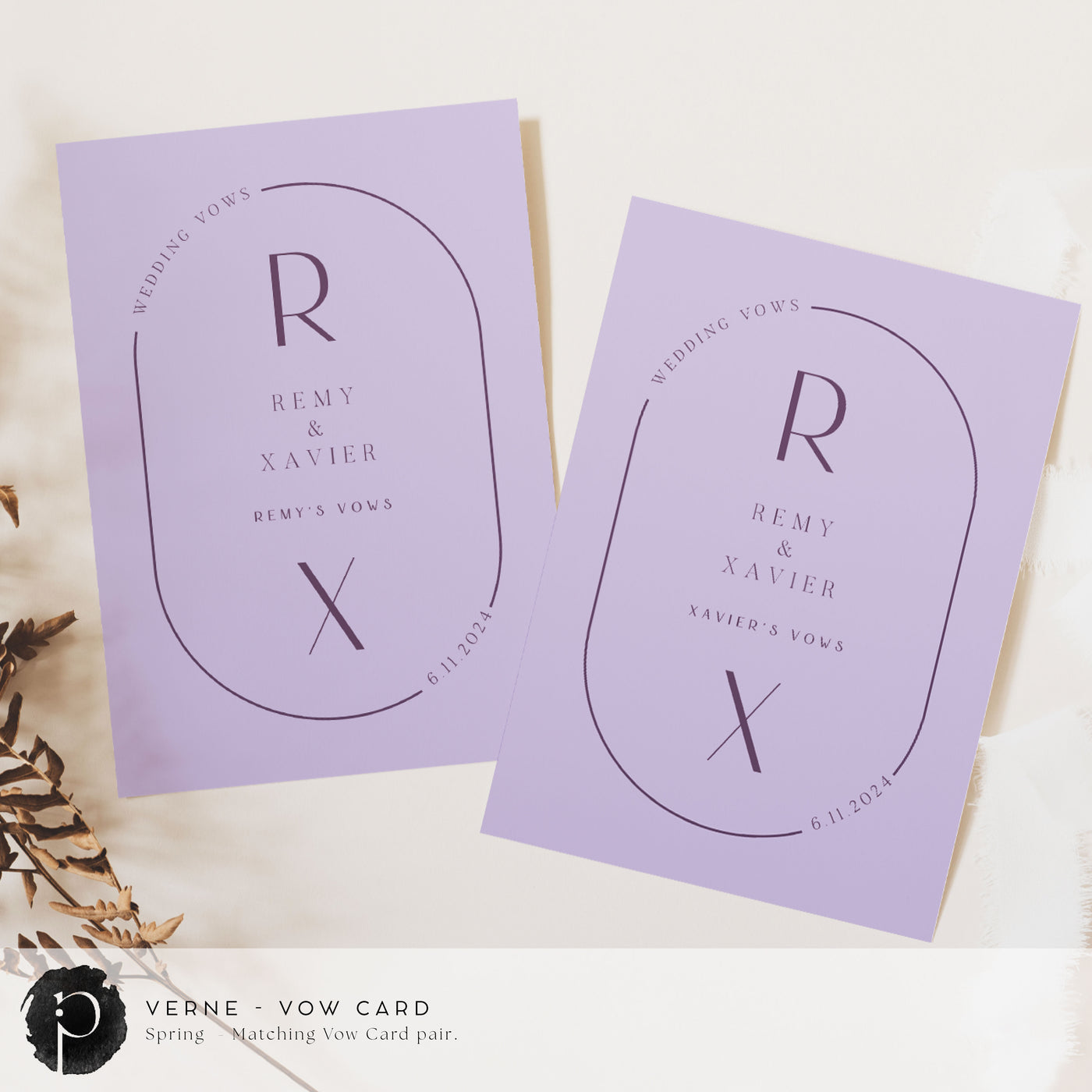 A pair of vow cards to write your wedding vows on in a modern midcentury wedding theme with dark purple writing on a light purple or lilac background