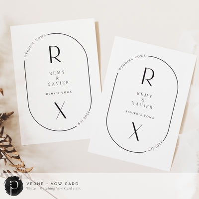 A pair of vow cards to write your wedding vows on in a modern midcentury wedding style with black writing on a white background