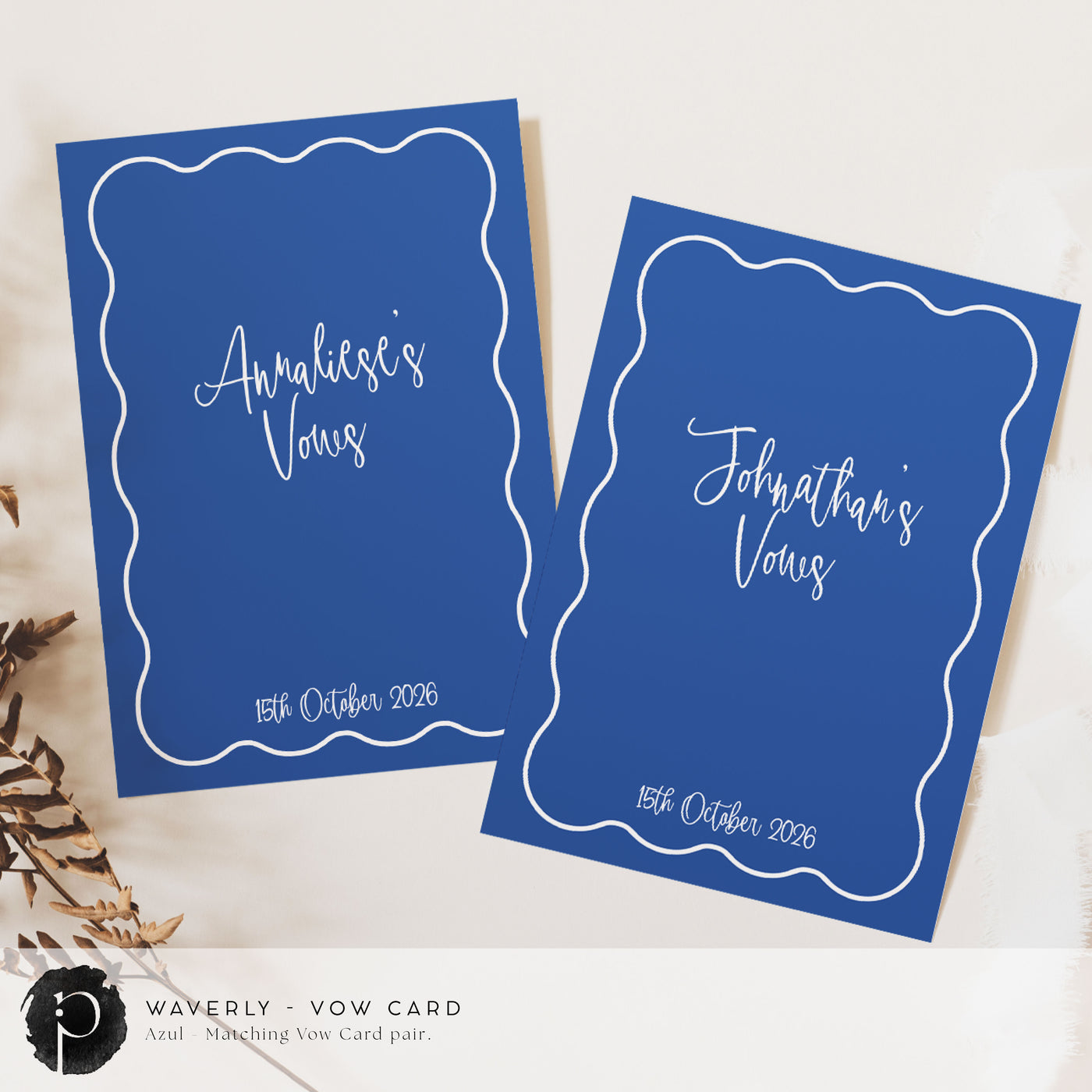 A pair of vow cards to write your wedding vows on in a modern retro wedding theme with white writing on an indigo blue or cobalt blue background