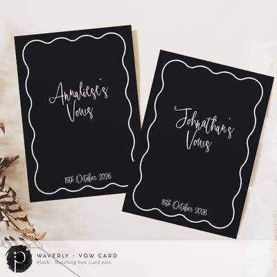 A pair of vow cards to write your wedding vows on in a modern retro wedding theme with white writing on a black background