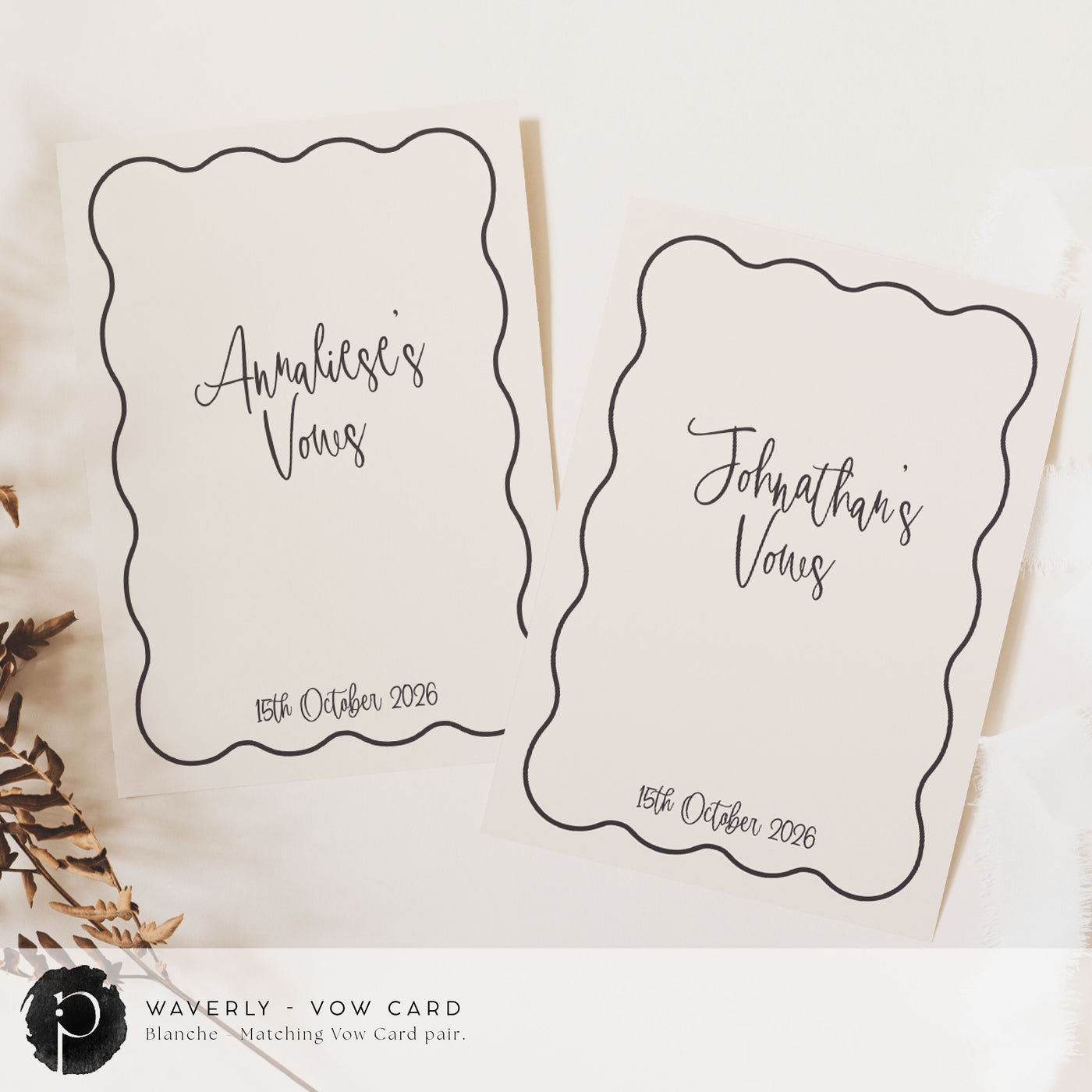 A pair of vow cards to write your wedding vows on in a modern retro wedding theme with charcoal writing on a neutral nude taupe background