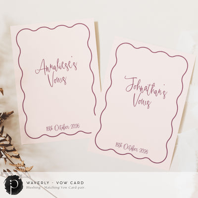 A pair of vow cards to write your wedding vows on in a modern retro wedding theme with dark rose pink writing on a nude pink background