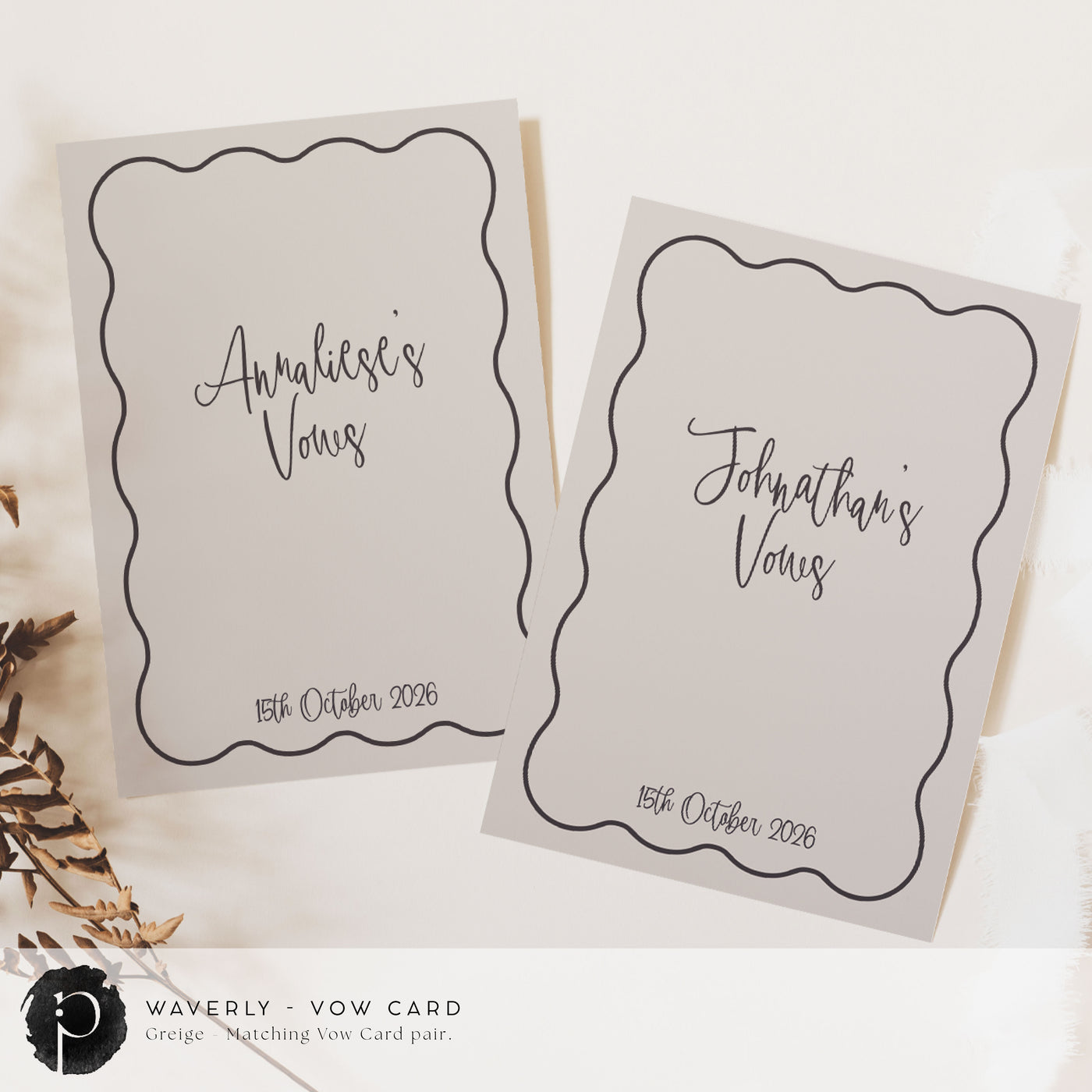 A pair of vow cards to write your wedding vows on in a modern retro style with dark warm grey writing on a light warm grey or greige or grey beige background