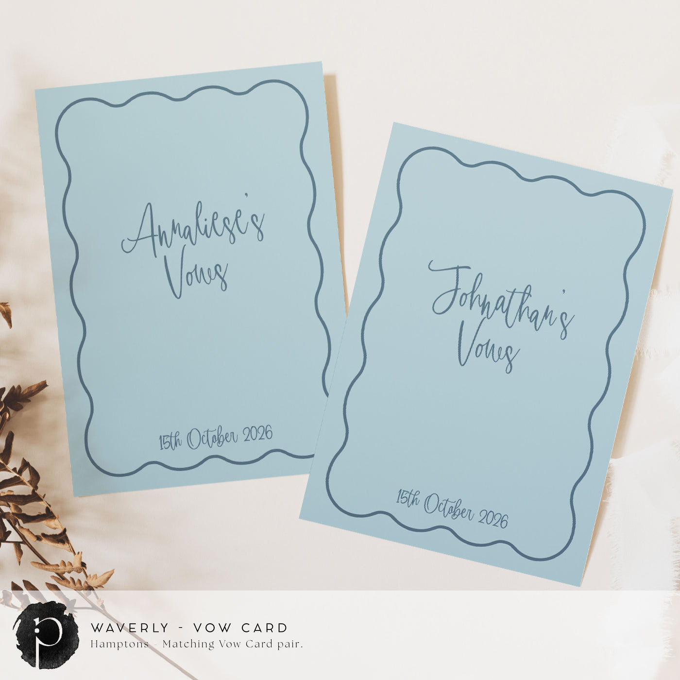 A pair of vow cards to write your wedding vows on in a modern retro wedding theme with ocean blue writing on duck egg blue or dusty blue background