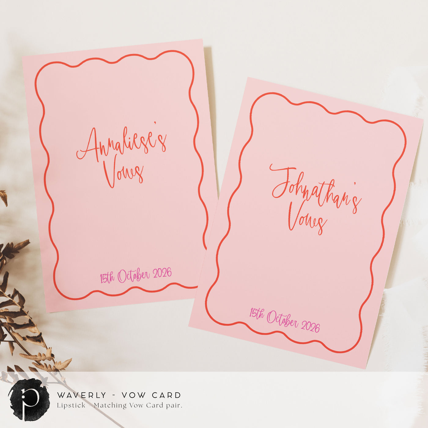 A pair of vow cards to write your wedding vows on in a modern retro style with bright lipstick red and magenta or fuschia writing on a rosy pink background