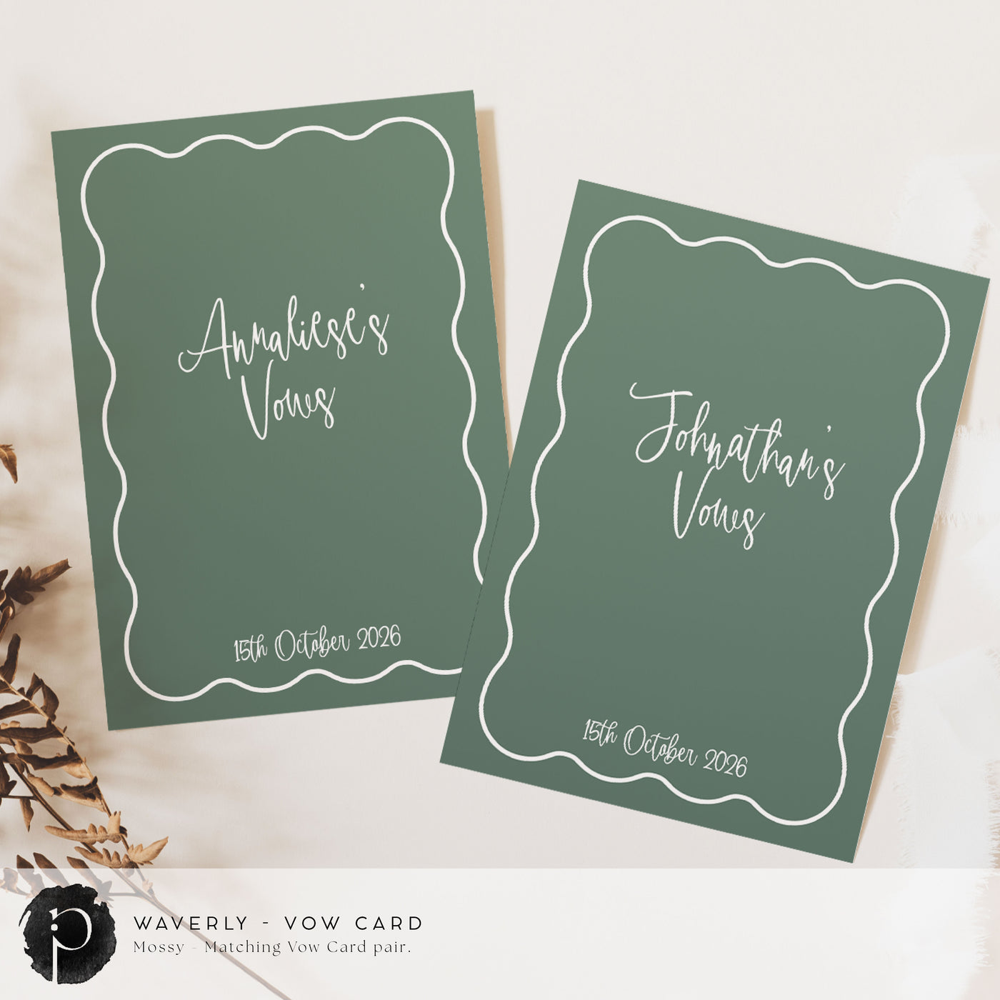 A pair of vow cards to write your wedding vows on in a modern retro wedding theme with white writing on a dark sage green background