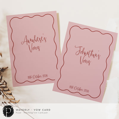 A pair of vow cards to write your wedding vows on in a modern retro wedding theme with burgundy writing on a deep rose pink background