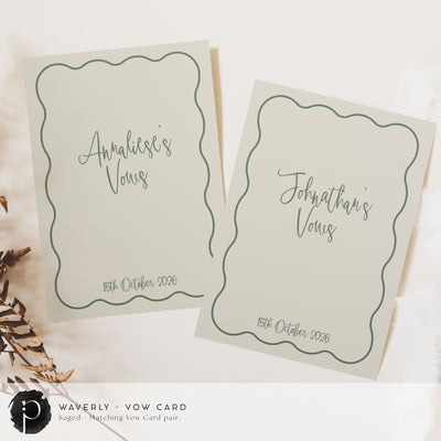 A pair of vow cards to write your wedding vows on in a modern retro wedding theme with dark sage green writing on a light sage green background