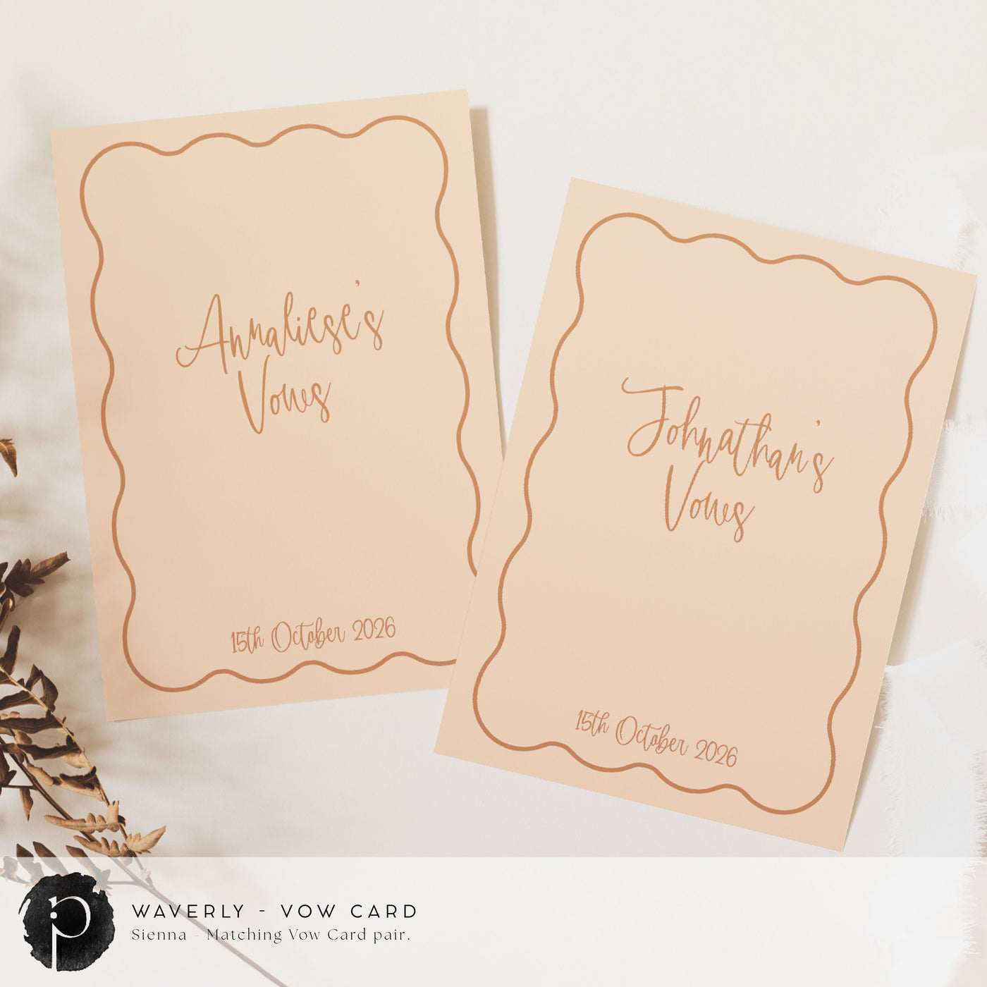A pair of vow cards to write your wedding vows on in a modern retro wedding theme with light terracotta or clay writing on a soft peach background