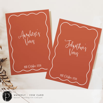 A pair of vow cards to write your wedding vows on in a modern retro wedding theme with white writing on a dark terracotta or burnt orange or clay background