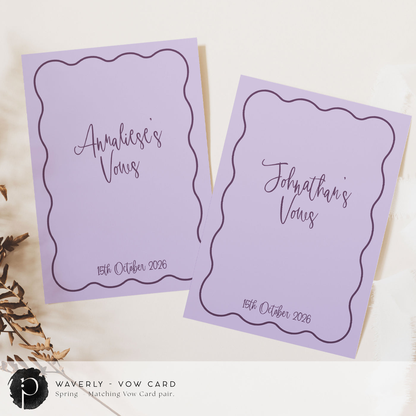 A pair of vow cards to write your wedding vows on in a modern retro wedding theme with dark purple writing on a light lilac purple background