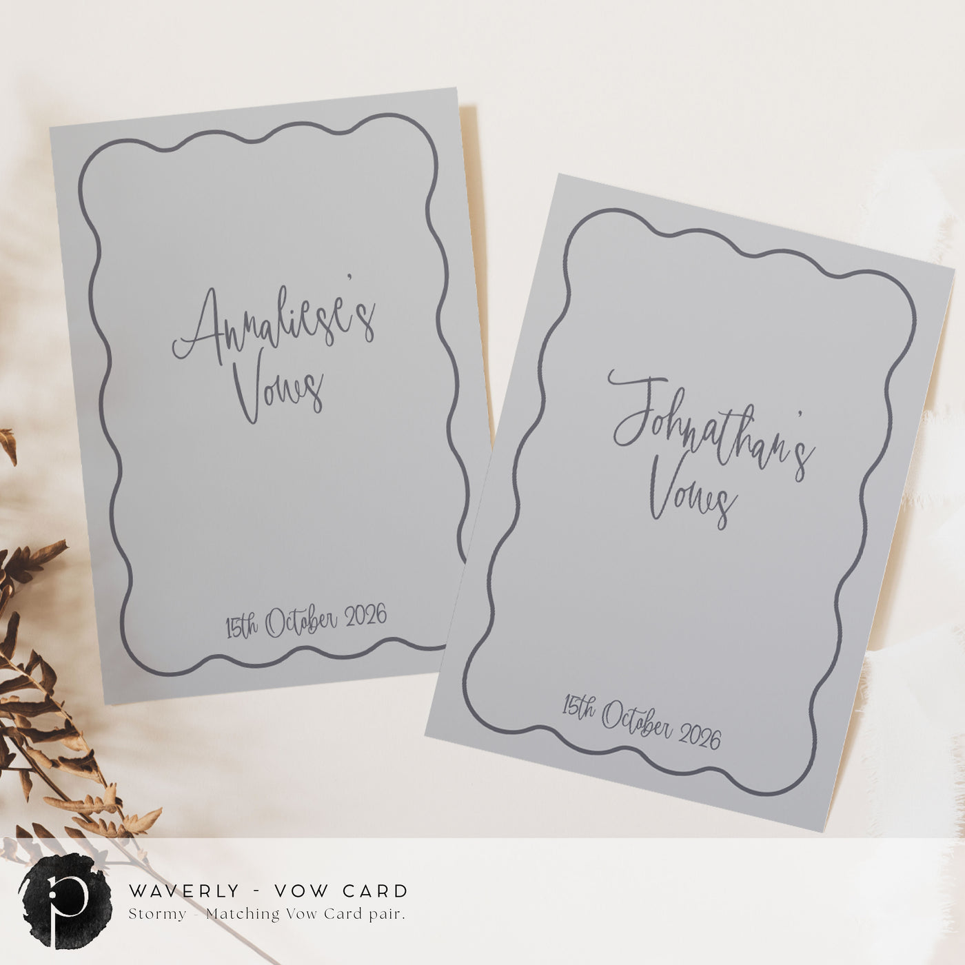 A pair of vow cards to write your wedding vows on in a modern retro wedding theme in dark grey on a light grey background