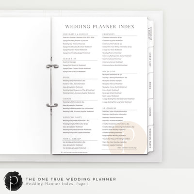 An example image of the first index page of the wedding planner and organiser made by Paper and Ink Studio, with a list of all the wedding information and wedding planning tools included in it.