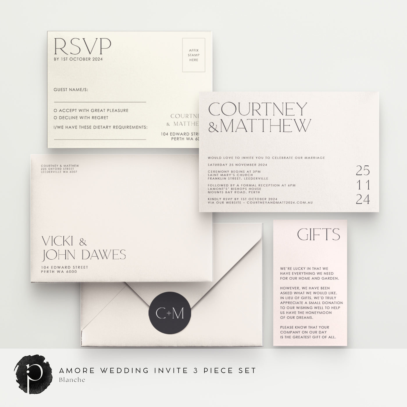 Amore - Wedding Invitation, RSVP Card & Gift/Wishing Well Card Set